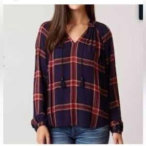 Lucky Brand Navy Blue Burgundy Plaid Shirt top blouse Size large L Rayon tassels
